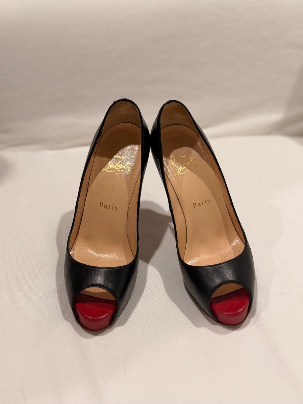 Christian Louboutin Black Leather Peep-Toe Pumps with Red Toe